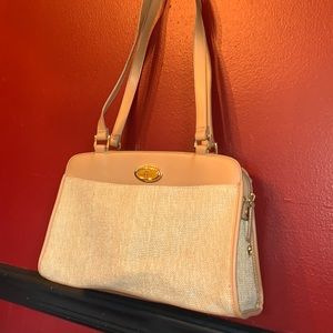 VTG Etienne Aigner Tan Jute Faux Leather Shoulder Bag Purse Zipper Snap Closures